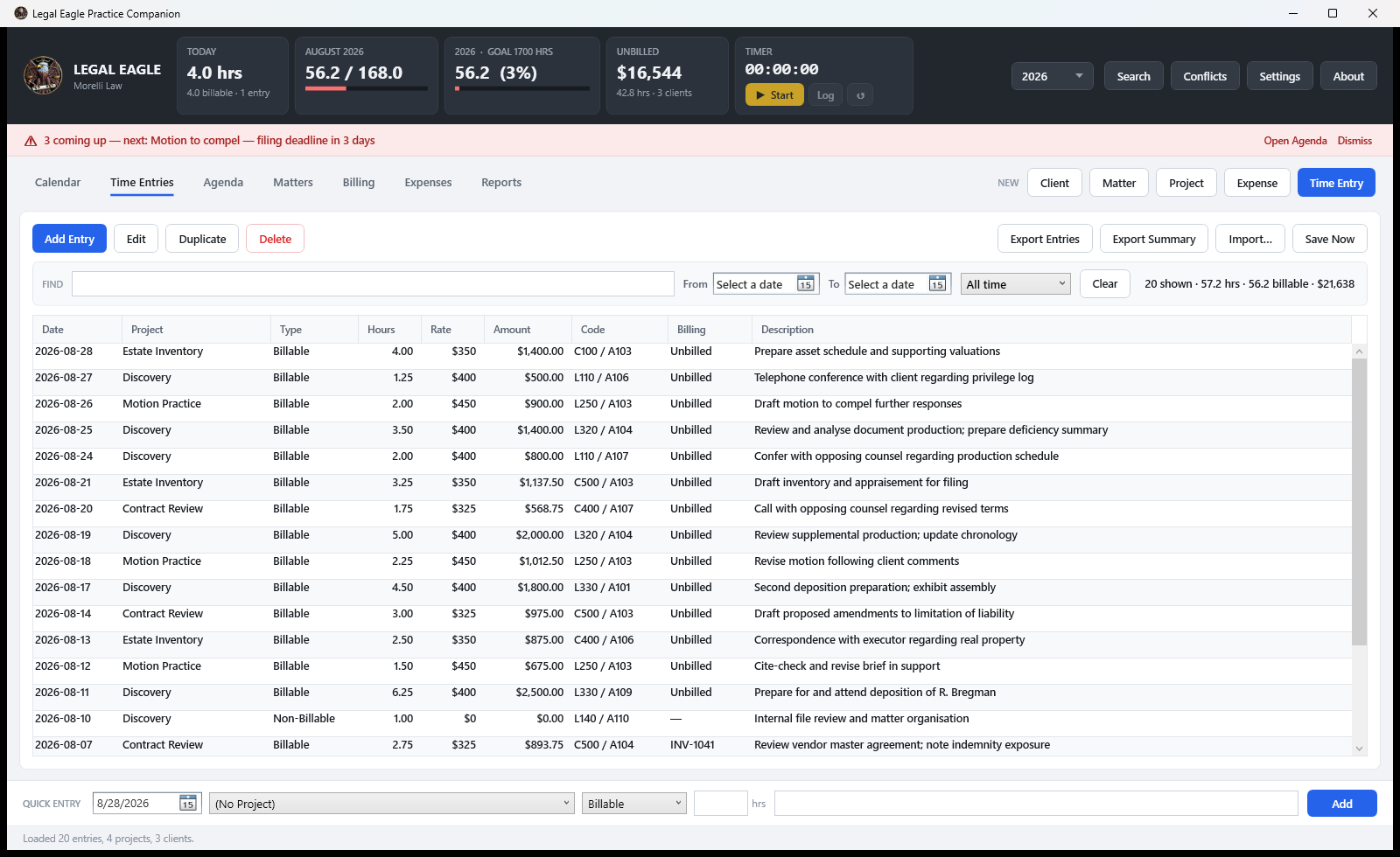 The time entries list showing date, project, type, hours, rate, amount, UTBMS code, billing status and description for each entry.